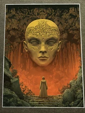 Giant Face in Fiery Landscape with Figure in Hooded Cloak Poster 18x24in