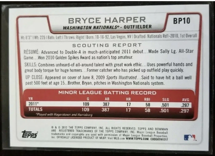 2012 Bowman Prospects Set W/Misprints #BP1-110 Bryce Harper FREE SHIPPING! - Image 2 of 3