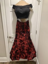 SHERRI HILL 2pc Formal Prom Dress Black Off Shoulder Top Red Floral Skirt Sz 6