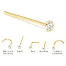 18KT Solid Yellow Gold Nose Stud Ring Pin Screw L Bend Bone 1.5mm CZ 18G 20G 22G