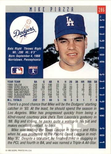 1993 Score #286 Mike Piazza - Picture 2 of 2