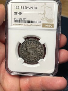 (#102402) Spain: 1721 S J.  2 Reales.  NGC XF 40.  Great details    (see video!)