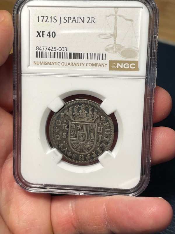 (#102402) Spain: 1721 S J.  2 Reales.  NGC XF 40.  Great details    (see video!)