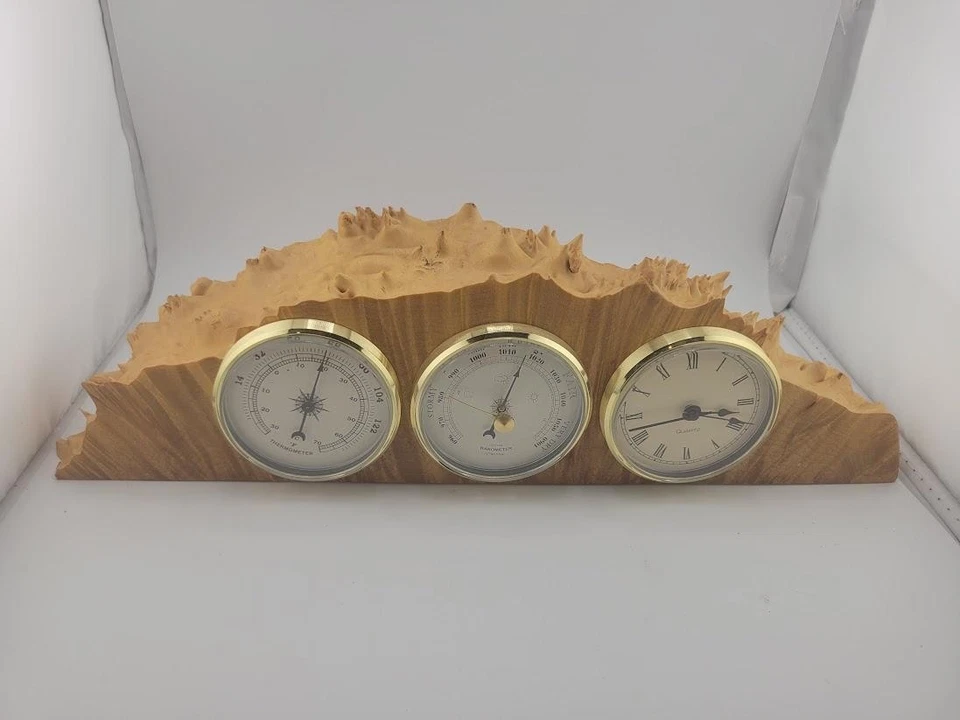 Burl Wood Live Edge Weather Station Clock Barometer Thermometer Brass Desktop - Image 2 of 3