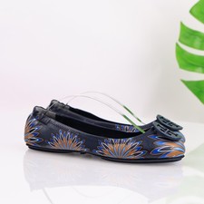 Tory Burch Womens Minnie Travel Ballet Flats Size 8 Navy Leather Floral Shoes