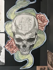 Skull, Snake, And Rose Art Hand Drawn And Colored With Life And Death Symbolism