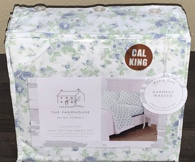 FARMHOUSE Rachel Ashwell Shabby Chic Green Blue Roses Floral Cal King Sheet Set