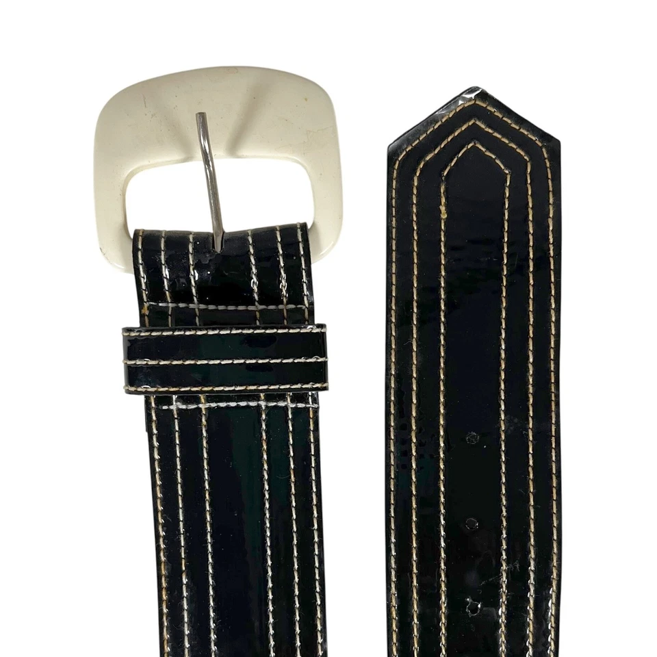Широкий заявленный ремень черный лакированная кожа кремовый высокая талия винтажный - Изображение 3 из 3