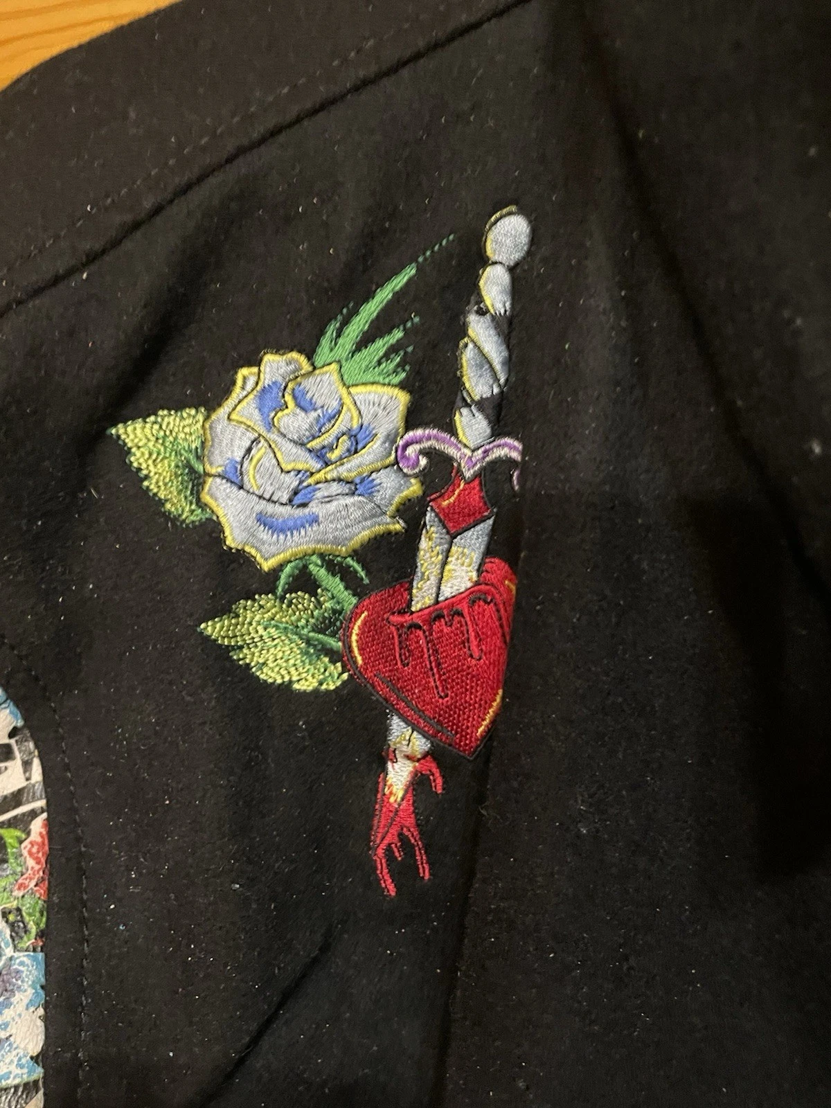 Kanji Jeans Men's Jacket Size 3XL Black Embroidered Wool Leather/Vintage Y2K REA image 2