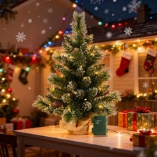 2ft Pre-lit Mini Christmas Tree Artificial Tabletop Snow Pine Tree with 35 Light