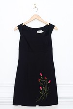 Vintage 90s Black Embroidered 3D Floral Dress Size 6 Whimsigoth Fairy Grunge Y2K