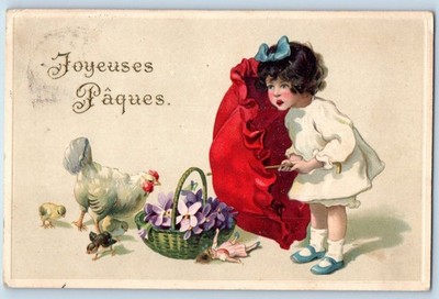 Easter Postcard Little Girl Hiding Umbrella Chicken Hen Chicks Flowers Basket