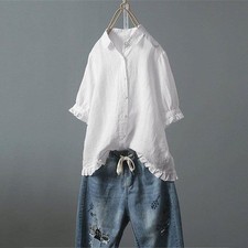 Women Short Sleeves Cotton Linen Ruffles Button Shirts Blouse Tops TEE PLUS SIZE