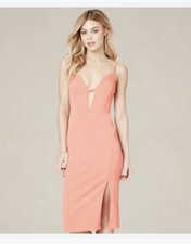 Bebe Coral Bodycon Midi Dress Size XS Crisscross Back, Plunge Front