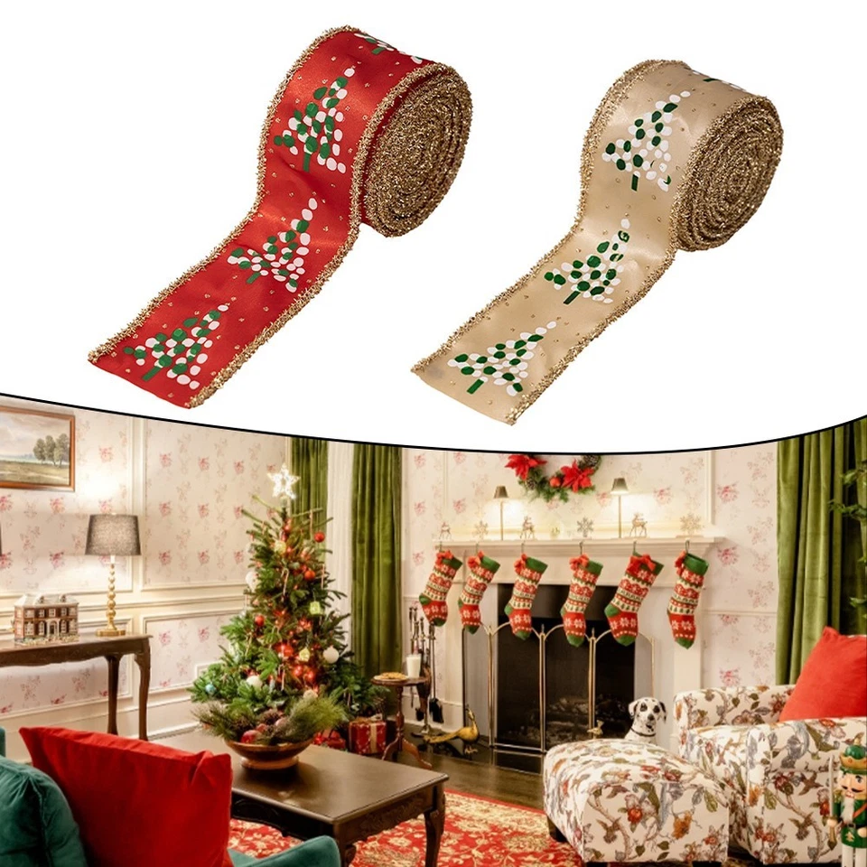 Pour Noël Rubans Tissu Imprimés avec Motif Écharpe pour Artisanat de Vacances - Photo 1/4