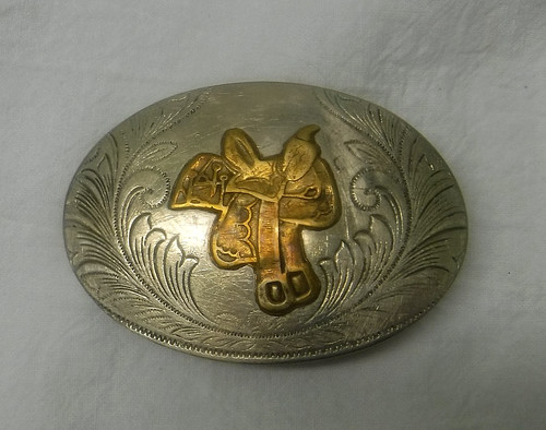 Nickel Silver BELT BUCKLE Justin Belt Co Brass Saddle? w/Ferns 3.25 x 2.25" Oval