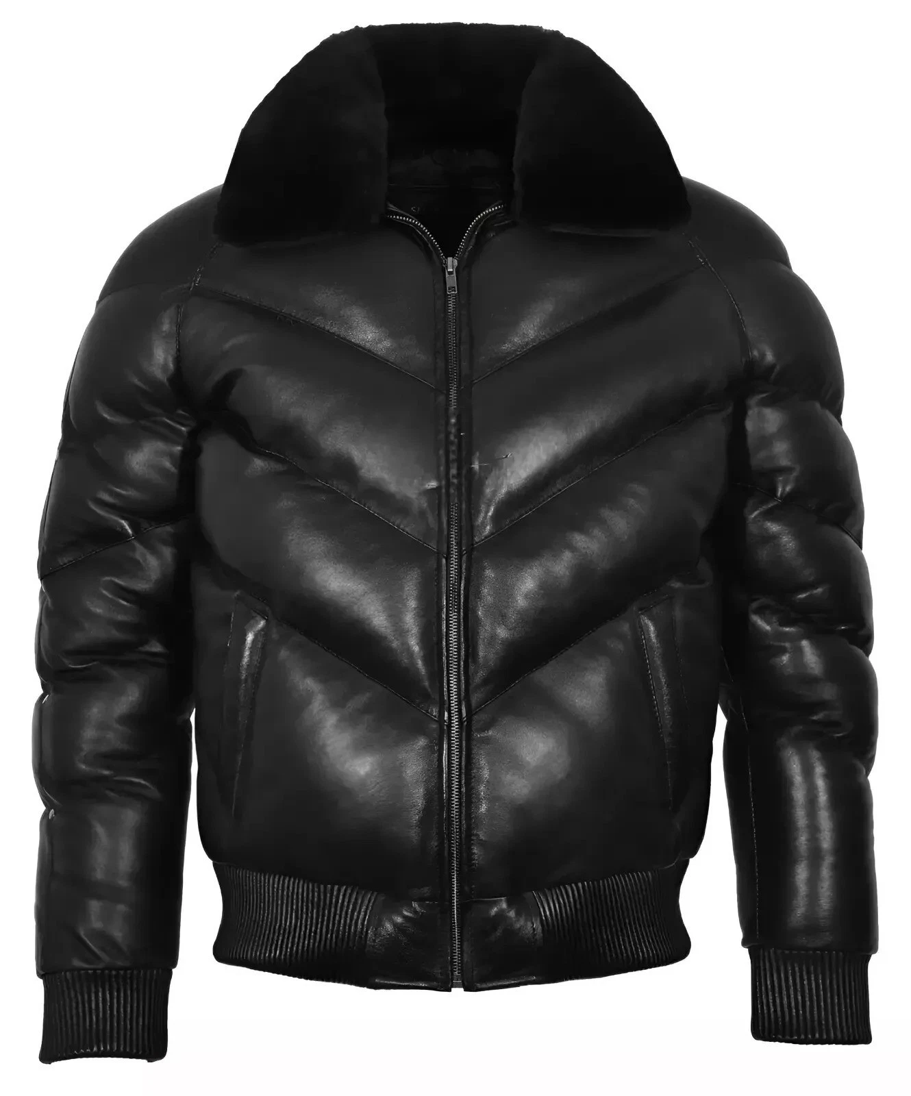 Men's Ace Puffer Leather Jacket Black Sheepskin Soft Collar WARM Bomber Jacket