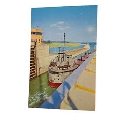 Postcard St Lawrence Seaway And Power Project Canada Freighter Leaving Lock