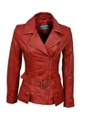 Ladies Designer Retro Feminine Red Leather Long Biker Jacket