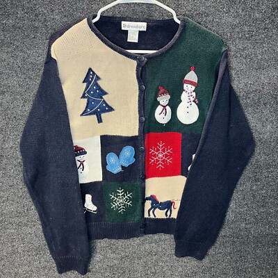Dressbarn Christmas Sweater Large Holiday Snowman Tree Navy Blue Red Tan Button