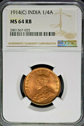 India British 1914(C) 1/4 Anna NGC MS64 RB Certified 