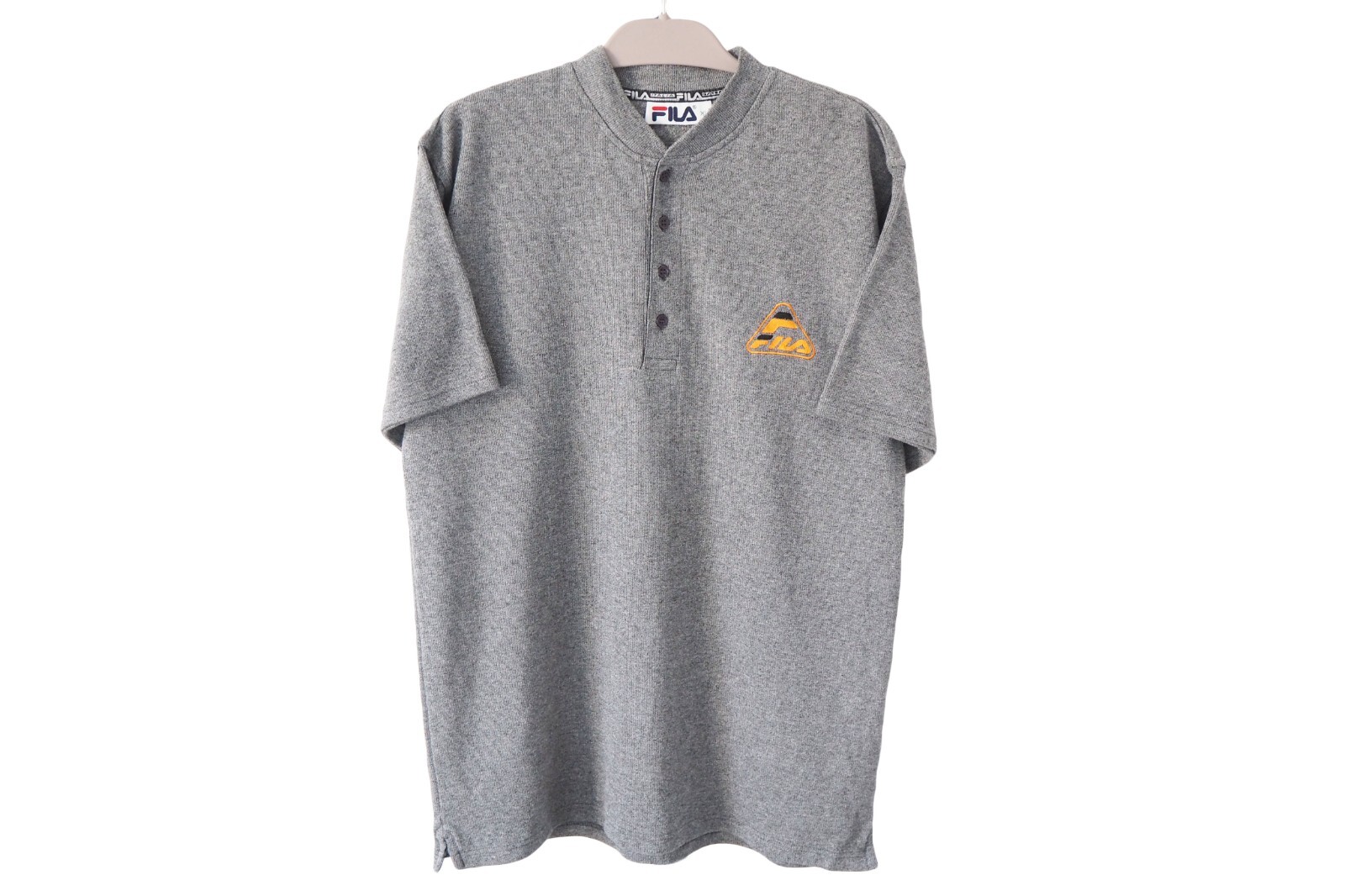 T shirt vintage FILA taglia XL grigia collo henley piccolo logo anni 90 top cotone pesante