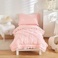 NEW- 4 Pieces Pinch Pleated Toddler Bedding Set with Ruffle Fringe Pink