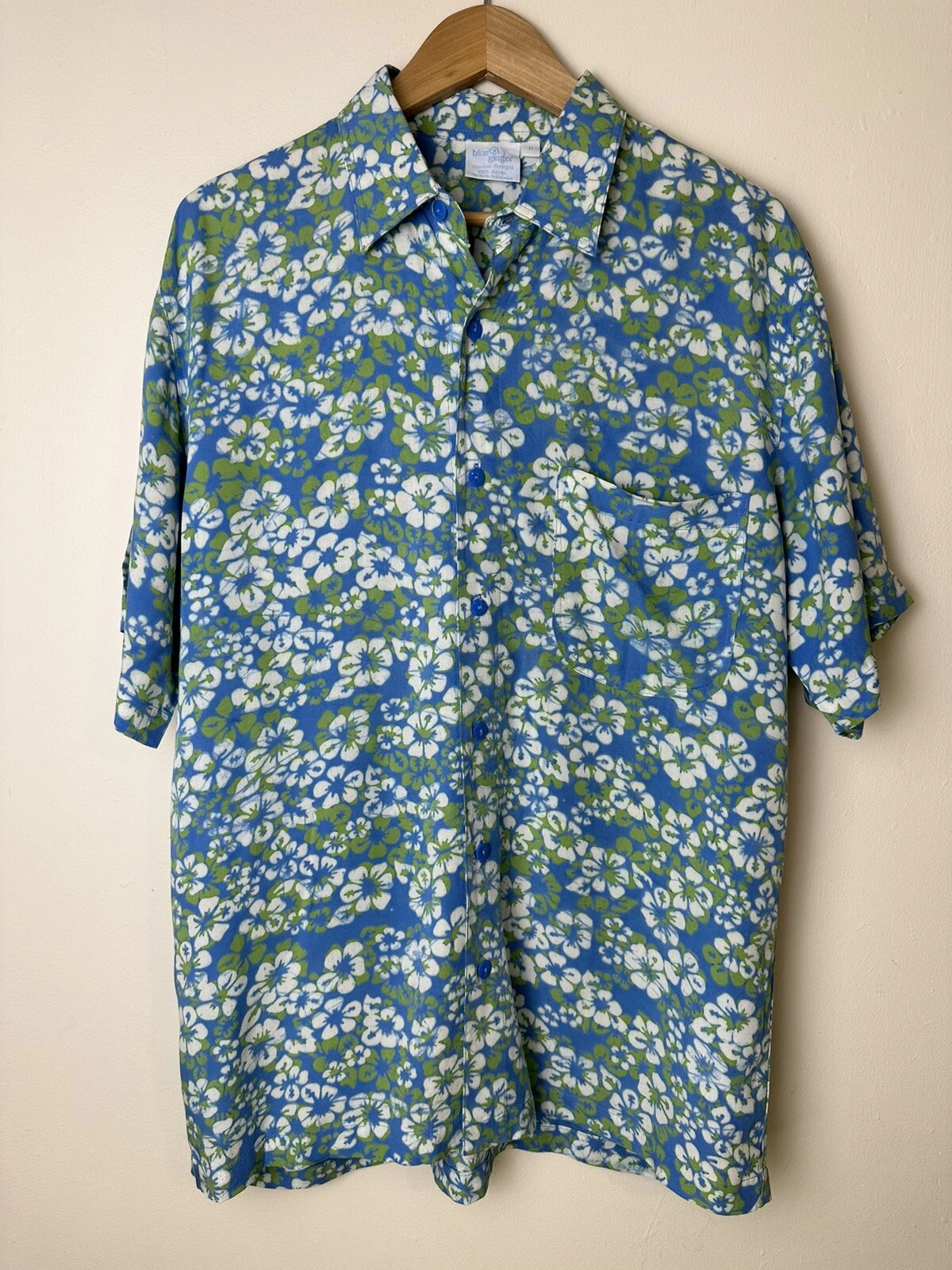 Blue Ginger Hawaiian Shirt Blue Green White Floral Button Up Adult Size M