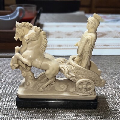 VTG. G. RUGGERI Roman Soldier Riding A Chariot with Horses 6.5  W X 5  H Stone