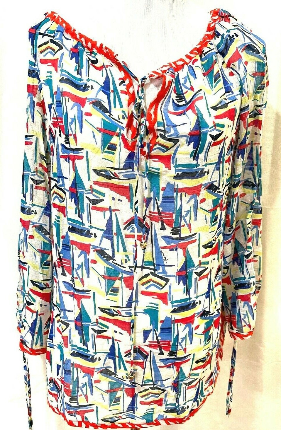 Milly Avery Silk Cotton Sailboat Print Top Tie Lo… - image 2