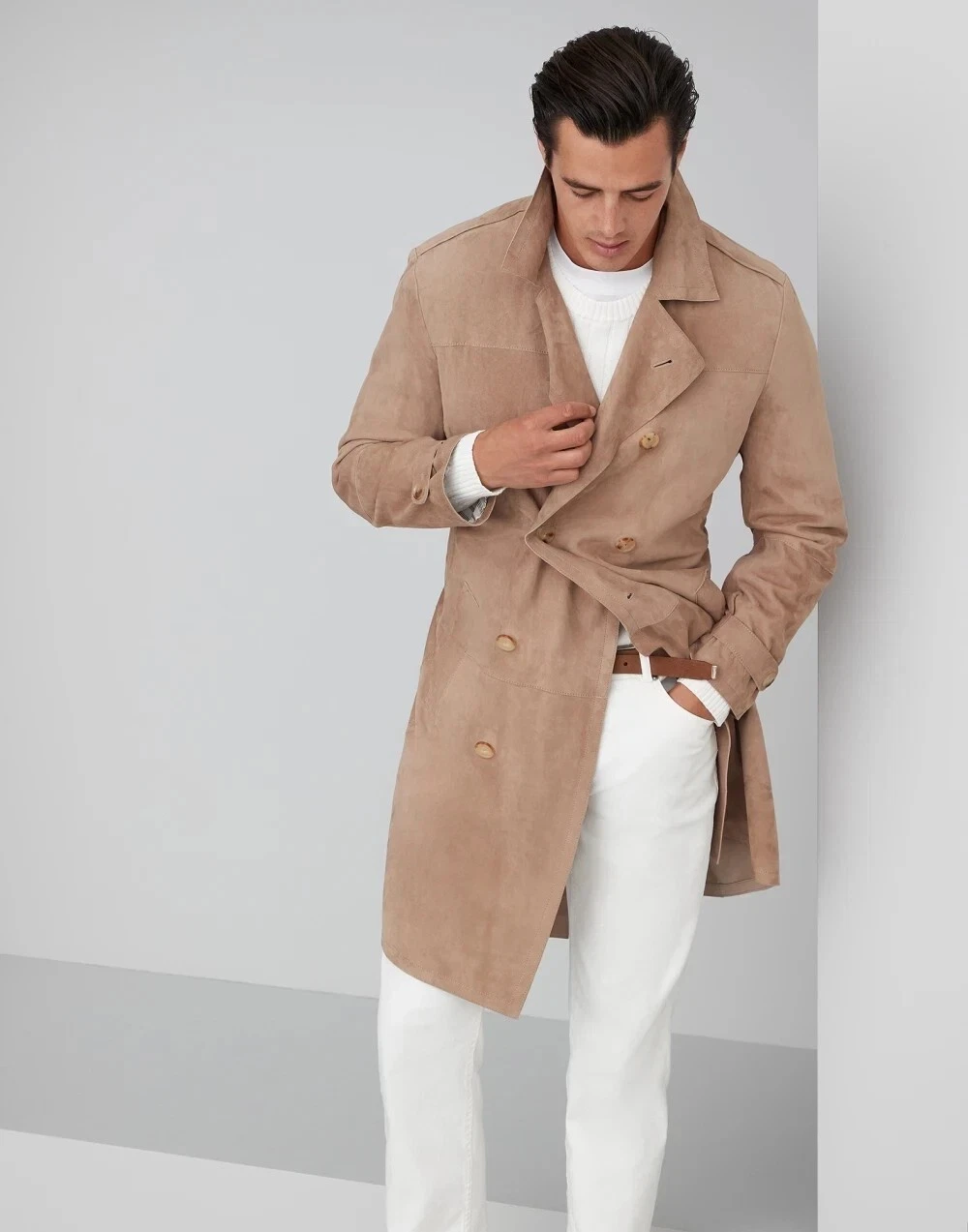 Leather Trench Coat Beige Men Pure Suede Custom Made Size XS S M L XL XXL - 268