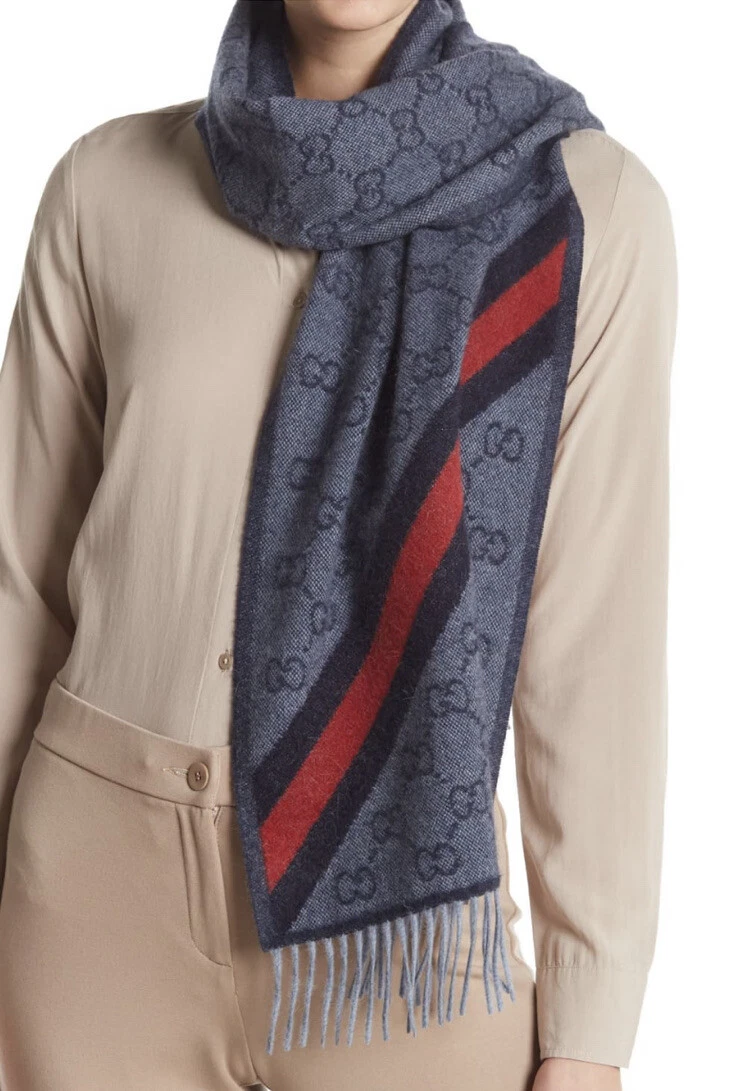 Écharpe neuve authentique Gucci unisexe monogramme suprême GG laine mélangée gris bleu