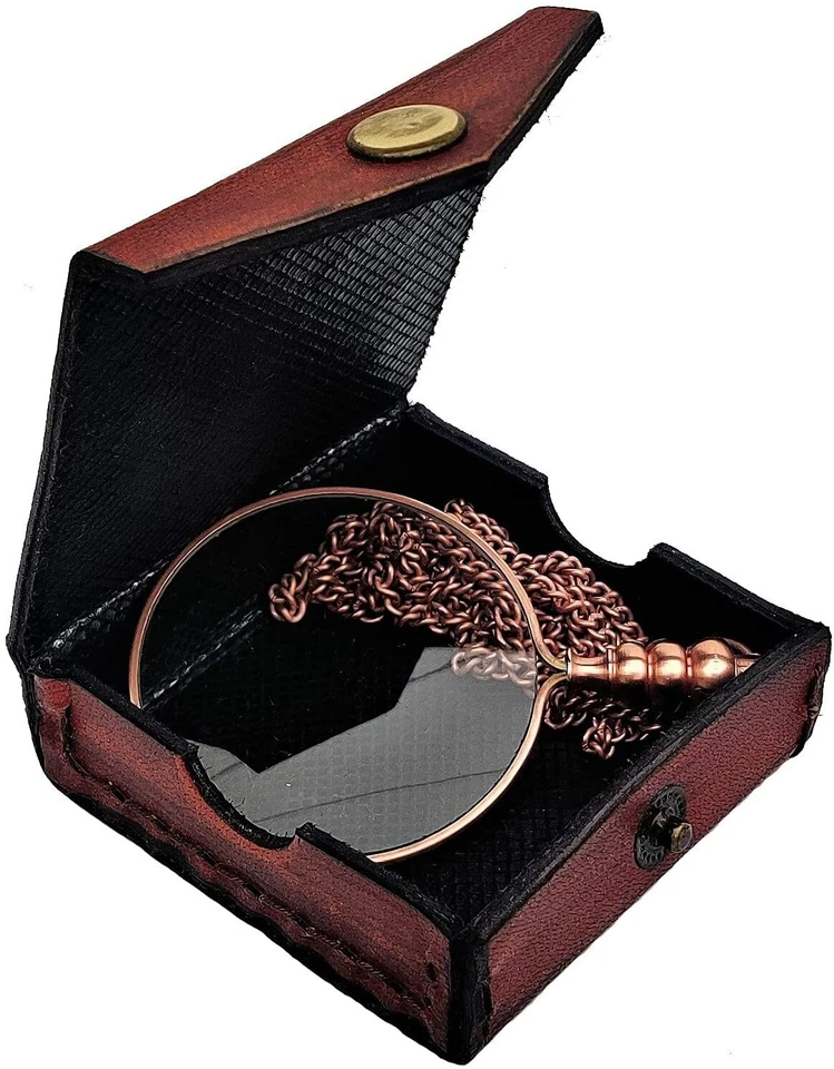Mini cadena de collar lupa de latón con caja de madera coleccionable vintage Foto 3 de 3