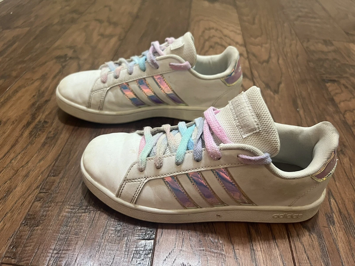 Adidas Girls Size 4 White Sneakers Iridescent Stripes Rainbow Laces B 4