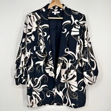 Chico's Open Blazer Jacket Womens US 12 / 2 Navy Blue Floral Ruched 3/4 Sleeve