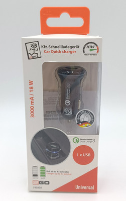 Kfz-Schnell-Ladegerät  Schnellladen Auto  USB 12V/24V - schwarz USB 18W 3000mA