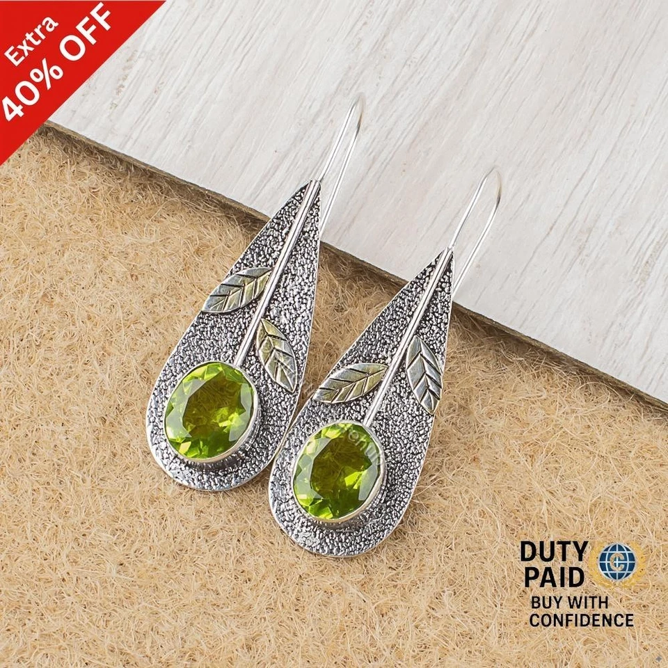 Black Friday Sale Sterling Silver PERIDOT Stone Drop Dangle New Earrings Jewelry - Image 4 of 4