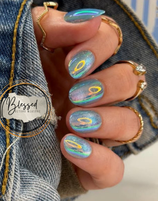 Red Aspen Bonnie s Blue Bikini Blue Cat Eye  Press On Nails Short Almond