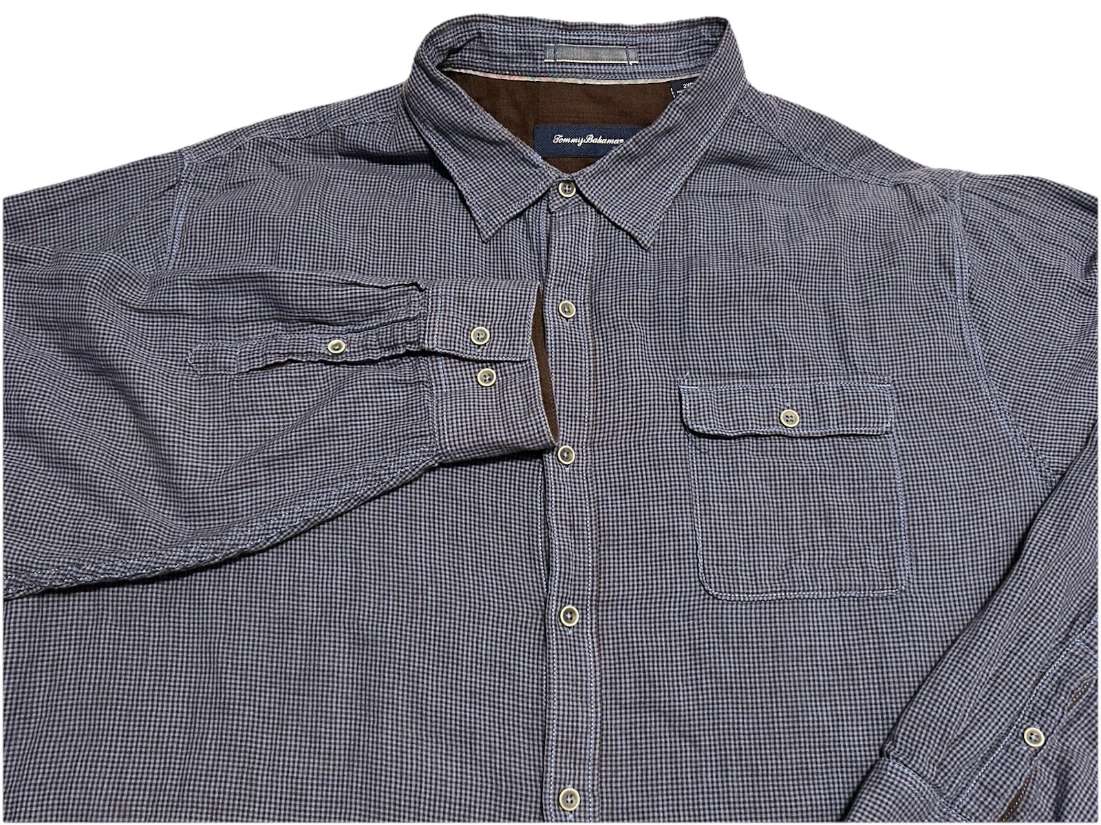 TOMMY BAHAMA Men's 2XB One Pocket Button-Up LS Casual Beach Shirt Blue Check