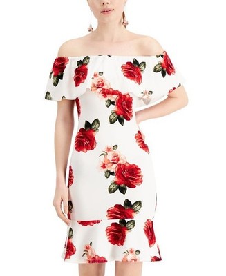Almost Famous Off-the-Shoulder Dress Women's Size Small Cream Floral Party NWT