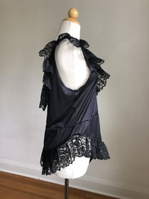 STUNNING VTG ALANA GALE Black Nylon Ruffle Lace Teddy Romper Lingerie SZ L