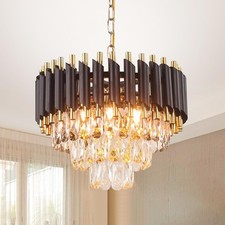  5xE14 Lights Crystal Chandelier,Modern Pendant Light 3-Tier Crystals Black&Gold