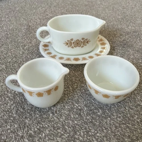 Set Of 4 Vintage Pyrex Butterfly Gold Gravy Boat, Sugar Bowl-No Lid & Creamer