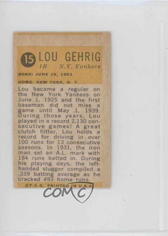 1963 Topps Bazooka All-Time Greats Lou Gehrig #15 HOF - Image 2 of 2