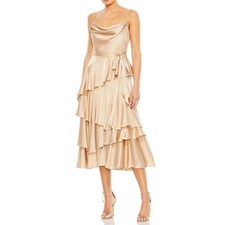 NWT MAC DUGGAL Charmeuse Ruffle Tiered Spaghetti Strap Dress in Nude Gold 68300