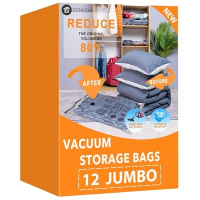 GONGSHI 12 Jumbo Vacuum Storage Bags | Space Saver Compression Bags for Clothes,