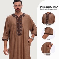 Abaya Dubai Kaftan Saudi Men Muslim Embroidery Jubba Thoub Thobe Long Robe Loose
