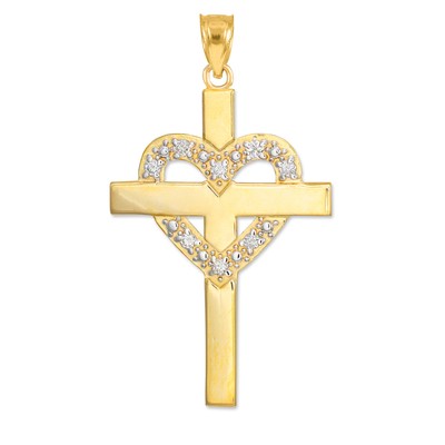 Gold Kreuz mit Diamant Herz Anhänger (erhältlich in Gelb/Weiß/Roségold)