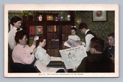 Antique family reading PHILADELPHIA Record Newspaper scene 1910