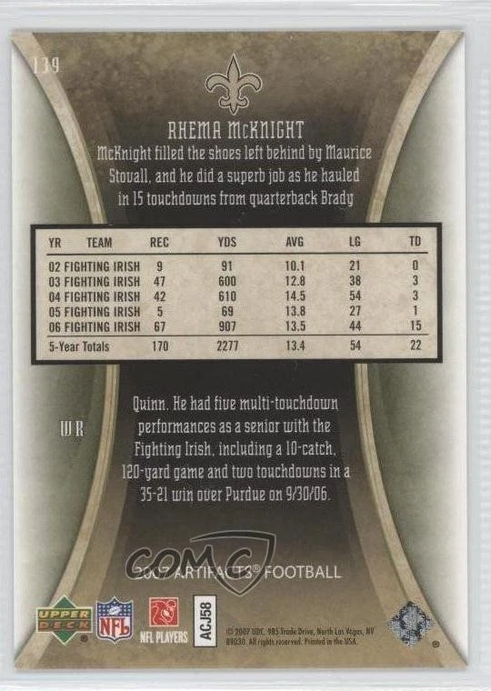 2007 Upper Deck Artifacts Rookie Green /99 Rhema McKnight #139 Rookie RC - Image 2 of 2